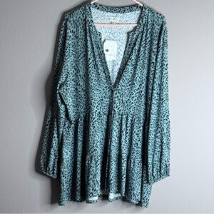 NWT Wonderly Leopard Print Sage Green Black V-neck TunicTop Blouse Sz 2X